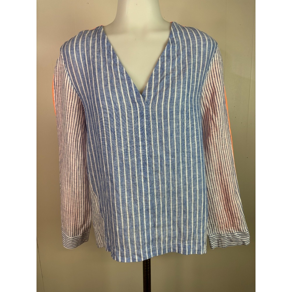 Vilagallo Top 38 Blue White Striped Linen Long Sleeve Tunic Top Sheer Women's S